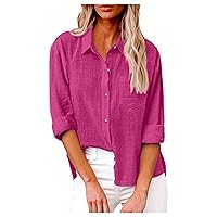 Womens Long/Short Sleeve Shirt Casual Work Office Blouse Top Cotton Linen Button Up Shirts Summer Blouses