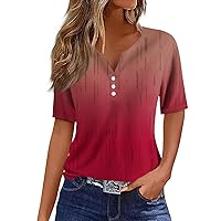 V Neck Button Shirts for Women Short Sleeve Plus Size Summer Tops Dressy Casual Printed Graphic tees Blouses