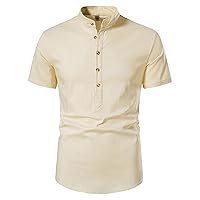 Men's Casual Cotton Linen Shirt Button Down Banded Collar Shirts Yoga Top Short Sleeve V Neck Hippie Beach Tunic Tee