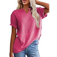 SHEWIN Womens Casual V Neck Waffle Knit Tops Short Sleeve T Shirts Loose Blouses
