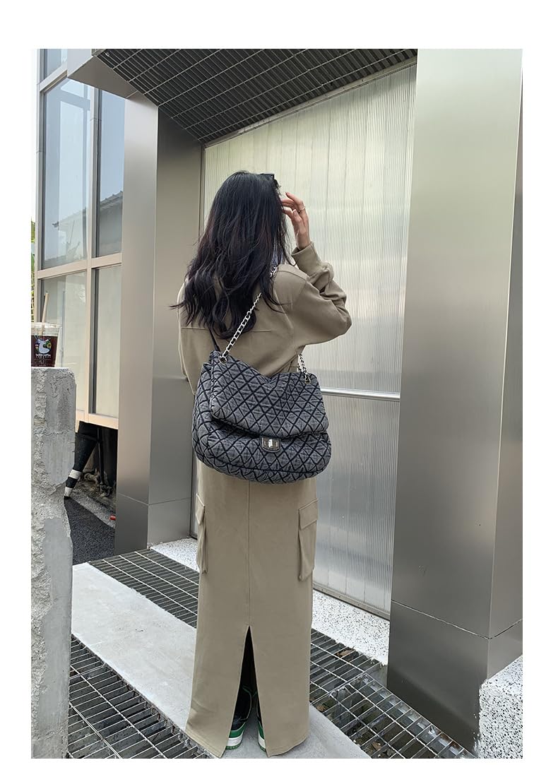 Women's Grey Casual Diamond Checker Denim Retro Fashion One Shoulder Handbag
