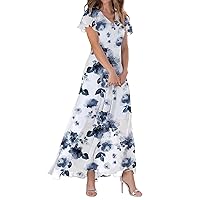 Women's Summer Dresses Fashion Summer Casual Floral V-Neck Short Sleeve Long Dresses F-Blue
