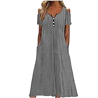 Cold Shoulder Dresses for Women Summer Eyelet Embroidery Midi Dress Casual Short Sleeve V Neck Button Flowy Swing Beach Dress