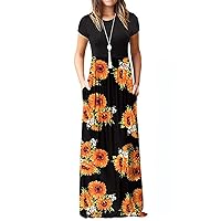 Women Short Sleeves Maxi Dresses Floral Printed Loose Plain Casual Long Dresses Patchwork with Pockets