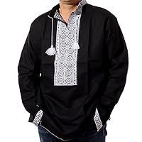 Ukrainian Vyshyvanka for Men Shirt Handmade Embroidered Black with White Pattern (X-Large)