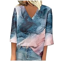 3/4 Sleeves Tops for Women Tie-Dye Print Shirt Woman V Neck Loose Flowy Tunic Blouse Casual Graphic Tee Blouse Tops