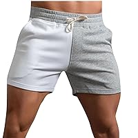 Mens Gym Shorts Casual Color Matching Knitting Cotton Running Shorts with Pocket Elastic Waist Lace-Up Workout Shorts