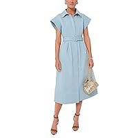 Ladyful Women Casual Button Down Shirt Dress Short Wing Sleeve Buiness Midi Shirt Dress with Belt Elegant Dress Light Blue