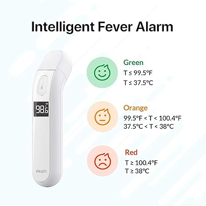 Thermometer for Adults by iHealth, Infrared Forehead Thermometer for Adults and Kids, Touchless Digital Baby Thermometer with Fever Indicator, Non Contact Thermometer (PT2L)