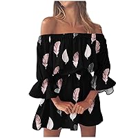 Off The Shoulder Dresses for Women Summer Casual Boho Floral Print Short Mini Dress Bell Sleeve Empire Waist Beach Sundress