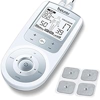 Beurer EM44 TENS Unit Muscle Stimulator with 50 Intensity Levels for Muscle Pain Relief, Includes 4 Electrode TENS Pads, Belt Clip, and Batteries with Tens Machine