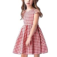 KYMIDY Girls Casual Dress Short Sleeve Buffalo Check Red White Plaid Dresses for Kids 2-8 Years