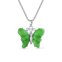 Bling Jewelry Gemstone Carved Pink Quartz Light Green Jade Garden Butterfly Pendant Necklace For Women Teen .925 Sterling Silver With Chain