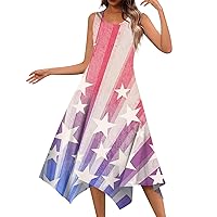 HTHLVMD 4th of July Dress Women 2024 Sleeveless American Flag USA Patriotic Plus Size Summer Midi Dresses with Pockets