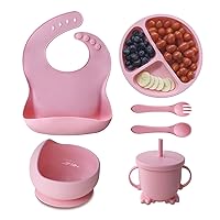 Silicone Baby Feeding Set with Suction Bowl, Suction Plate, Bib, Cup, Spoon, Fork, Baby Led Weaning Utensils for Babies & Toddlers 6+ Months, Microwave & Dishwasher Friendly (Pink)