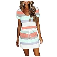 Dress for Women 2024 Summer Casual Loose V Neck Mini Sundress Fashion Striped Drawstring T Shirt Dress with Pockets