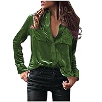 Women Elegant Velvet Shirts Long Sleeve Button Up Lapel Blouse Casual Fitted Basic Going Out Work Tops with Pockets