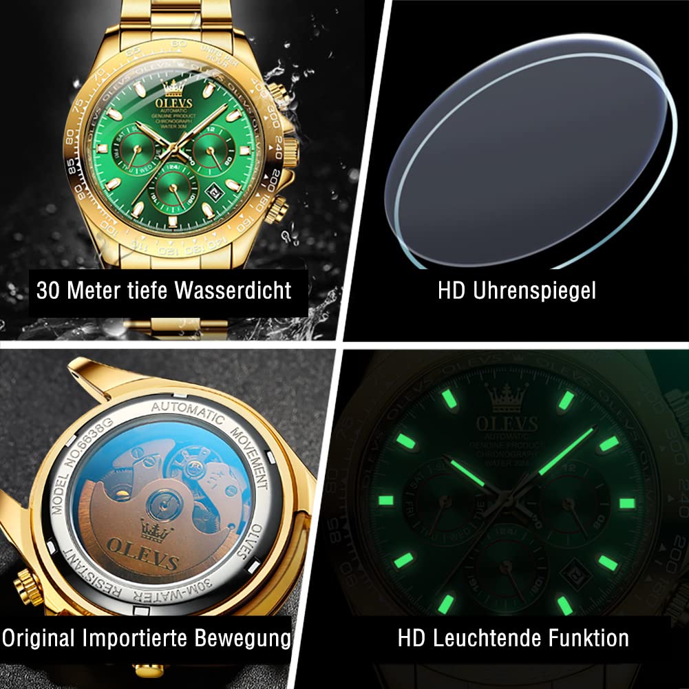 OLEVS Herrenuhren Automatik Mechanische Goldene Luxus Kleid Armbanduhr mit Tag Datum Wasserdicht Uhr