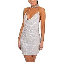 Multitrust Sparkly Sequins Mini Dress for Women Sexy Spaghetti Strap Glitter Short Dresses Bodycon Cocktail Party Clubwear