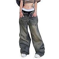 Mxiqqpltky Women Low Waist Jeans Retro Boyfriend Letter Print Denim Pants Y2K Straight Baggy Wide Leg Mom Jeans Streetwear