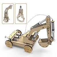 Mini Tudou 3D Wooden Construction Excavator Vehicle Toys Set, STEM Science Kit with Air Pressure System to Build A Wood Excavator Model Including 3 Replaceable Gripper & Digger for Kids Boys Girls