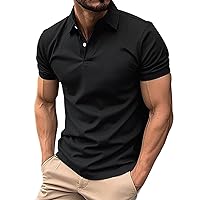 Men's Polo Shirt Casual Short Sleeve Solid Color Polo Shirts Button Up Lapel Collar T-Shirts Regular Fit Polo