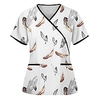 Women's Plus Size Scrub Tops Patterned Crew Neck Short Sleeve Tee Shirt Comfy Plaid Shirts for Women
