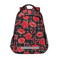 ALAZA Red Lips Hearts Roses Plaid Check Backpack Purse for Women Men Personalized Laptop School Bag Bookbags Stylish Casual Daypack, 13 14 15.6 inch