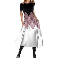 Summer Short Sleeve Midi Dresses Casual Plus Size Smocked Flowy A Line Dress Elegant Vintage Floral 4Th of July Dress