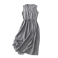 Cotton Linen Striped Vest Dress Summer Elastic Waist Drawstring A-Line Casual Dresses V-Neck Button Dress
