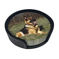 German Shepherd Dog Print Drink Coasters Set of 6 Round Leather Coasters with Holder Waterproof Insulated Coaster Mug Cup Mat for Office Coffee Table Living Room Home Decor