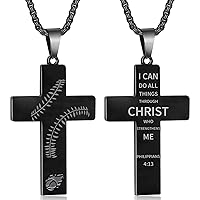 Baseball Cross Necklace for Boys Men, 24 Inches Stainless Steel Cross Pendant Chain Jewelry, Inspirational Bible Verse Quote Religious Gift