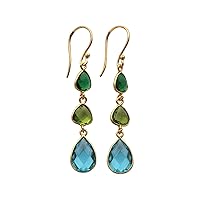 Bezel Dangle Gold Plated Hook Earring | Prehnite & Chalcedony Gemstone Hook Earring | Gift For Her Bezel Set Pair | Bezel Set Earring Handmade Jewelry | 1759)204