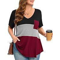 MONNURO Womens Plus Size Tops Color Block Short Sleeve T Shirts Casual Summer Loose Fit Blouses with Pocket