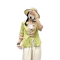 Ethnic Style Ramie Tea Suit Summer Buckle Embroidery Cardigan Female Literary Retro Loose Thin Shirt Female