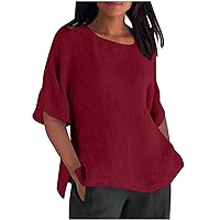 Women's Cotton Linen Blouse Shirts Half Sleeve Tunic Top Solid Color T-Shirt Side Split Plus Size Work Blouses