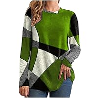 Customer Service Phone Number Live Person Long Sleeve Shirts for Women Geometry Printed Tops Color Block Trendy Loose Fit Casual Crewneck Pullover T-Shirt Lightning Deals of Today Prime C-Green