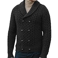 Mens Sweater Cardigan Double Breasted Shawl Collar Long Sleeve Cable Knit Cardigan