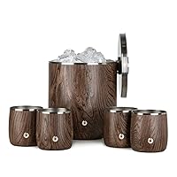 Snowfox Premium Vacuum Insulated Stainless Steel 3L Ice Bucket with Lid/Scoop and 4 Rocks Glasses Set-Home Bar Accessories-Elegant Bartending-Beautiful Outdoor Entertaining Supplies-Dark Walnut
