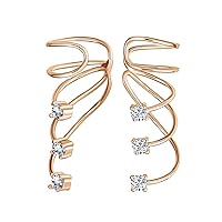 Solitaire Triple Spiral CZ Curved Crawlers Wire Cubic Zirconia Cartilage Ear Cuff Pin Earring For Women Teen Rose 14K Yellow Gold Plated .925 Sterling Silver