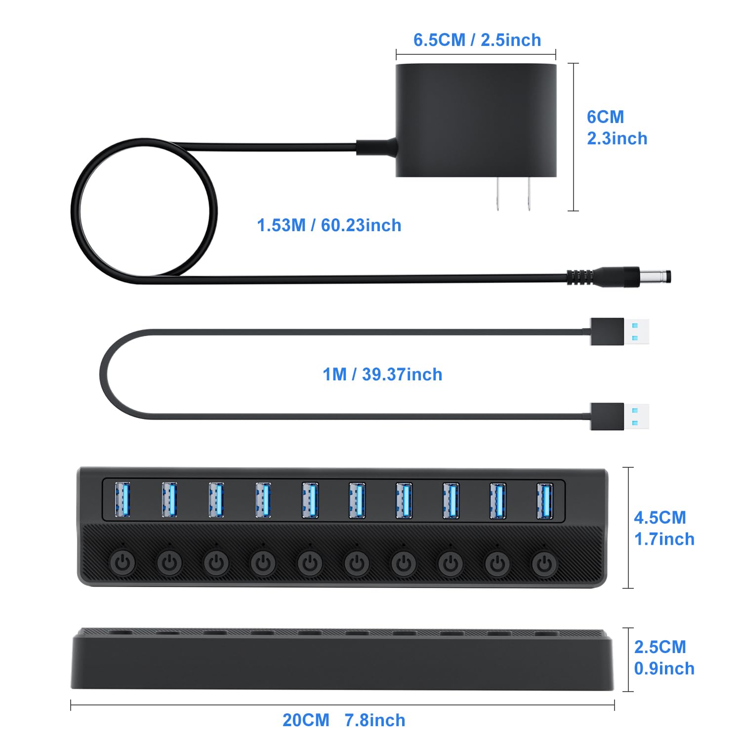 Onfinio Powered USB Hub 3.0, 10-Port USB Splitter Hub with Individual On/Off Switches and 12V/2A Power Adapter USB Extension for MacBook, Mac Pro/Mini and More