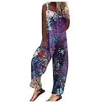 Trendy Print Overalls for Women, Wide Leg Jumpsuit Button Baggy Pants Belt Sling Sleeveless Rompers with Pockets