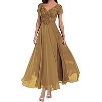 Mother of The Bride Dresses Beach Wedding Classy Boho A-Line V Neck Lace Chiffon Modern Casual Formal Mother of The Groom Dresses Tea Length Evening Gowns Short Sleeves Khaki