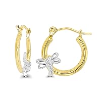 14K Two Tone Gold Polished Multiple Hoop Earrings with Hinged Clasp | Dragonfly, Star and Cross | Different Shapes | Solid Gold Earrings for Women and Girls