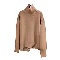 Women Cashmere White Beige Green Solid Pullovers Loose Fitting Turtleneck Long Sleeve Sweater