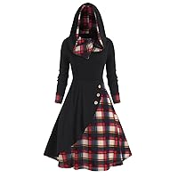 Women Long Sleeve Plaid Color Block Splic Hoodie Casual Swing Loose Dress Pullover Dress Dress for Womens for