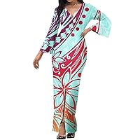 Women's Polynesian V-Neck Flared Sleeves high Waist Slit Straight Dress, Hawaiian Dress