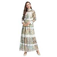 Women Evening Gown Dress Khaki Long Sleeve Floral Lace Elegant Swing Dress