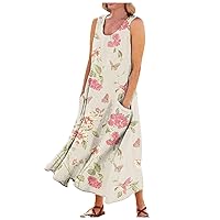 Linen Dress for Women 2024 Summer Printed Tank Dress Flowy Sleeveless Long Dress Casual Maxi Dresses with Pockets