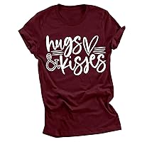 Valentine's Day Shirts for Women Hugs and Kisses T-Shirt Letter Print Short Sleeve Tops Summer Soft Comfy Blouse